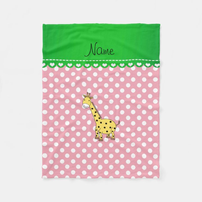 Personalized name yellow giraffe pink polka dots fleece blanket (Front)