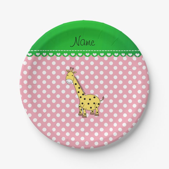 Personalized name yellow giraffe pink polka dots paper plate (Front)