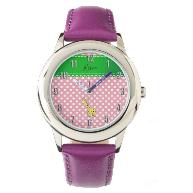 Personalized name yellow giraffe pink polka dots watch (Front)