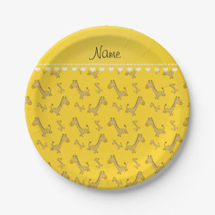 Personalized name yellow giraffes pattern paper plate