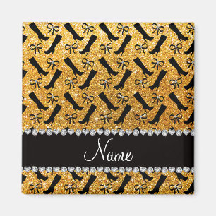 Personalized name yellow glitter boots bows magnet