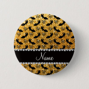 Personalized name yellow glitter fancy shoes bows 2 inch round button