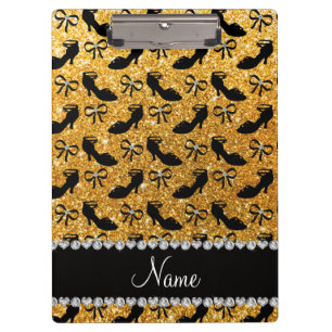 Personalized name yellow glitter fancy shoes bows clipboard