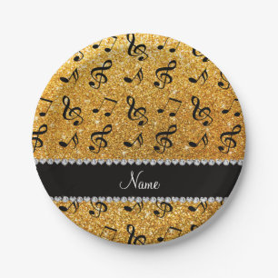 Personalized name yellow glitter music notes paper plate