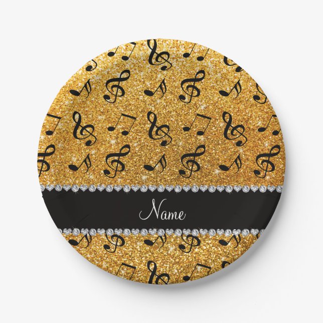 Personalized name yellow glitter music notes paper plate (Front)