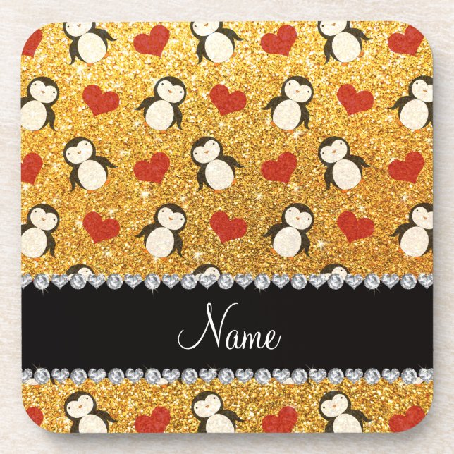 Personalized name yellow glitter penguins hearts coaster (Front)