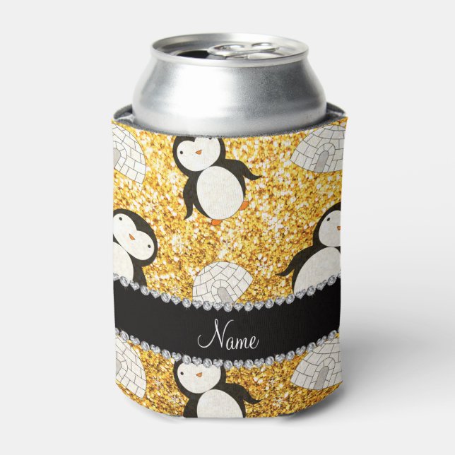 Personalized name yellow glitter penguins igloos can cooler (Can Front)