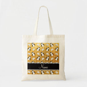Personalized name yellow glitter penguins igloos tote bag