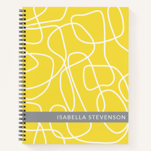 Personalized Name Yellow Grey Abstract Line Art Notebook