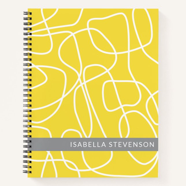 Personalized Name Yellow Grey Abstract Line Art Notebook (Front)