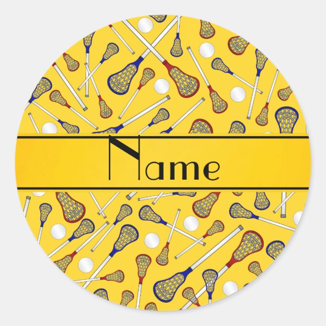 Personalized name yellow lacrosse pattern classic round sticker (Front)