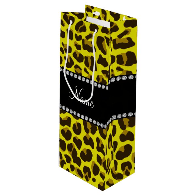 Personalized name yellow leopard pattern wine gift bag (Front Angled)
