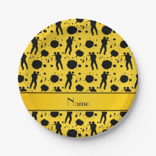 Personalized name yellow paintball pattern paper plate