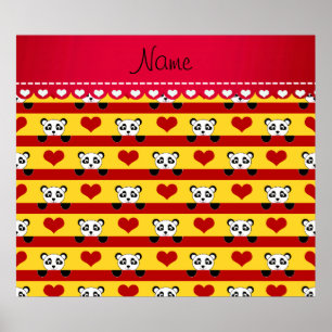 Personalized name yellow panda red heart stripes poster