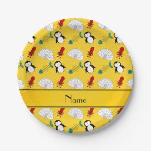 Personalized name yellow penguins igloo fish squid paper plate