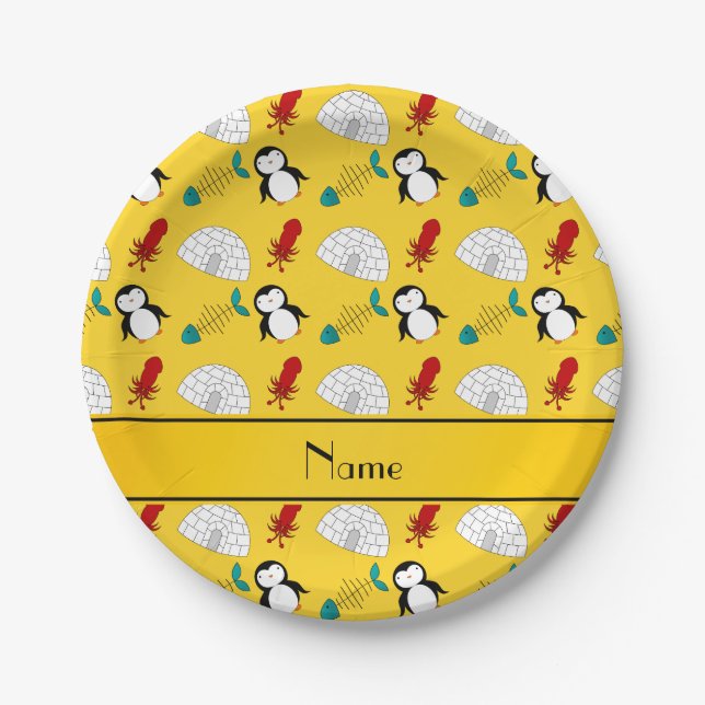 Personalized name yellow penguins igloo fish squid paper plate (Front)