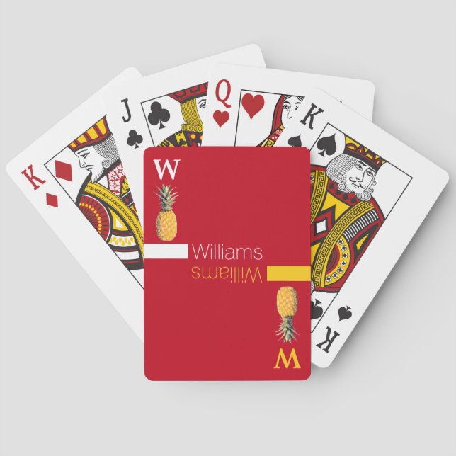 personalized name / yellow pineapples on red playing cards (Back)