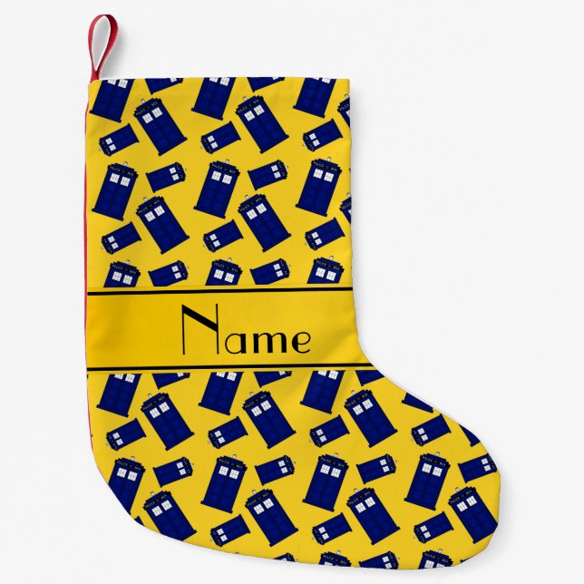 Personalized name yellow police box small christmas stocking (Front)