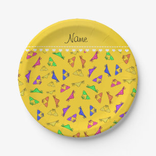 Personalized name yellow rainbow bikinis paper plate