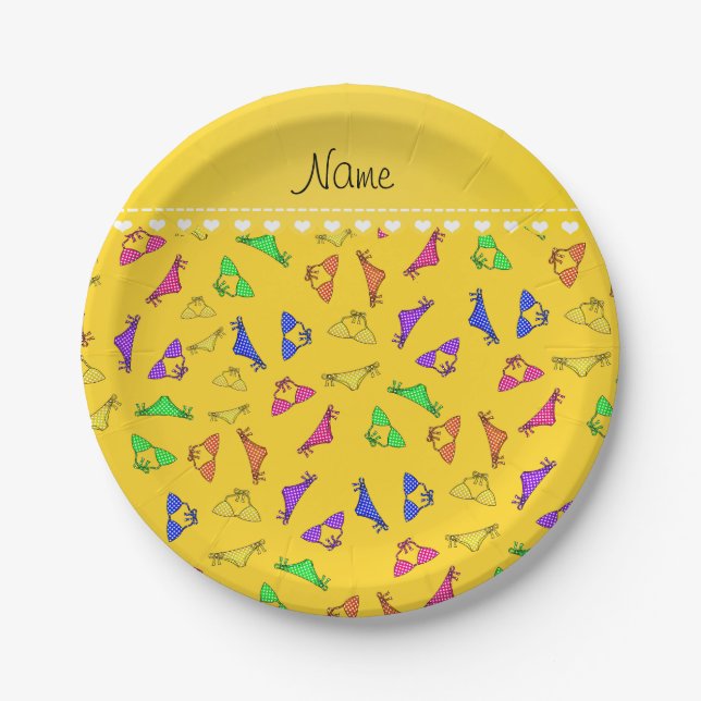Personalized name yellow rainbow bikinis paper plate (Front)