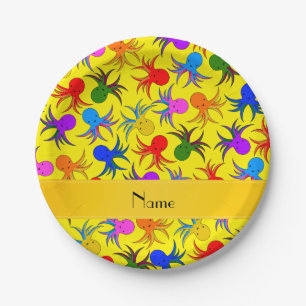Personalized name yellow rainbow octopus paper plate