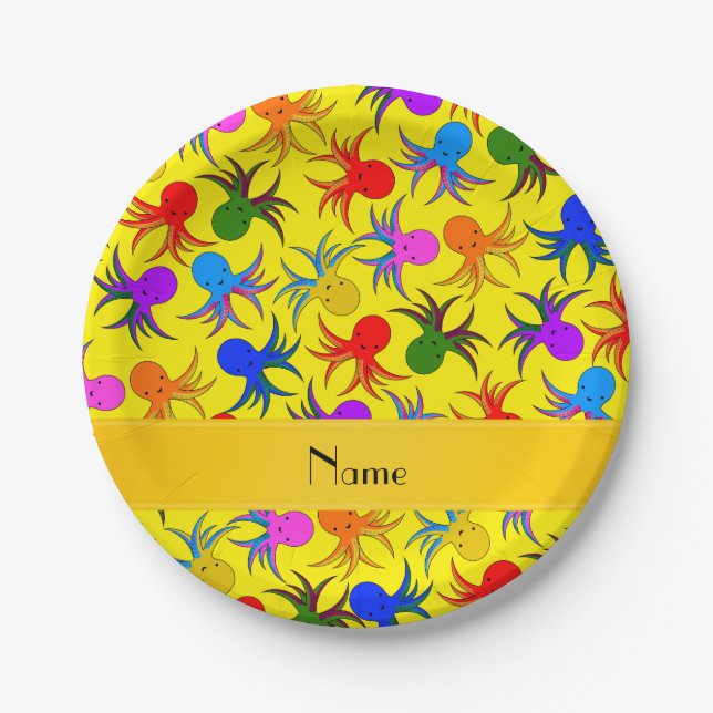 Personalized name yellow rainbow octopus paper plate (Front)