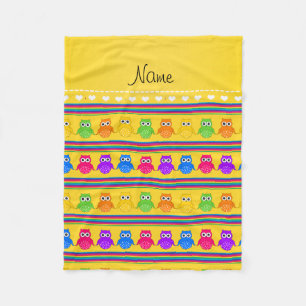 Personalized name yellow rainbow owls stripes fleece blanket