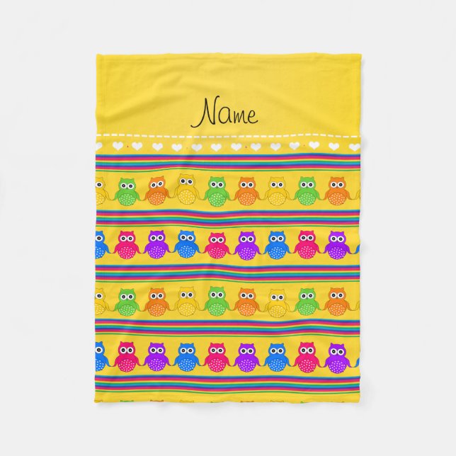 Personalized name yellow rainbow owls stripes fleece blanket (Front)
