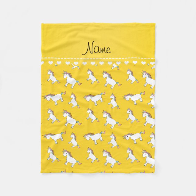 Personalized name yellow rainbow unicorns fleece blanket (Front)