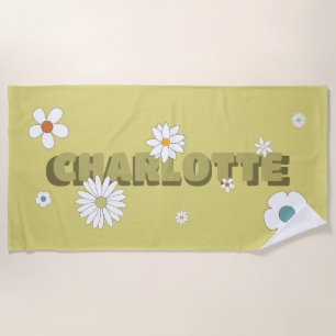 Personalized Name Yellow Retro Style Flowers Beach Towel
