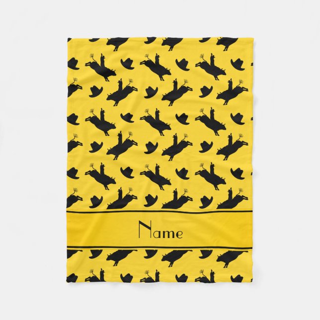 Personalized name yellow rodeo bull riding pattern fleece blanket (Front)