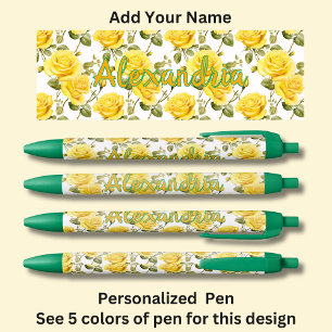 Personalized Name, Yellow Roses on Green Pen