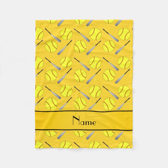 Personalized name yellow softball pattern fleece blanket (Front)