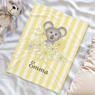 Personalized Name Yellow Stripe Baby Koala Kids Fleece Blanket