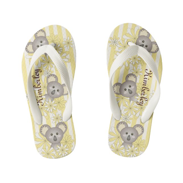 Personalized Name Yellow Stripe Baby Koala Kid's Flip Flops (Footbed)