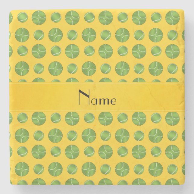 Personalized name yellow tennis balls pattern stone coaster (Front)