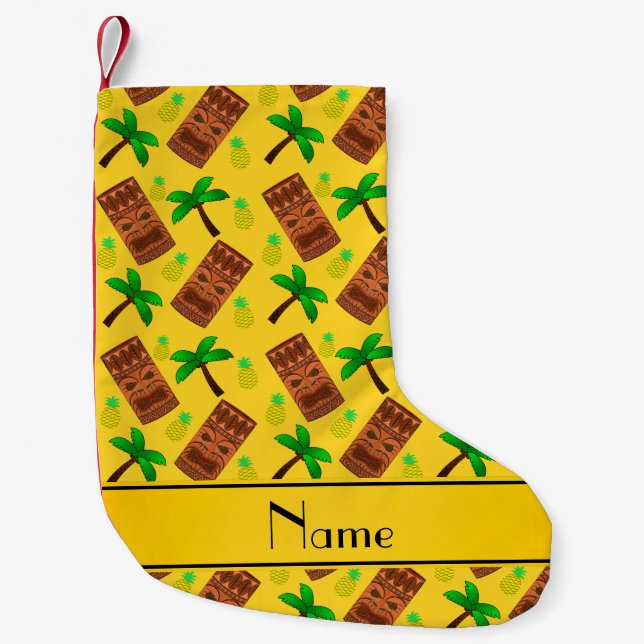 Personalized name yellow tiki pineapples palm tree small christmas stocking (Front)