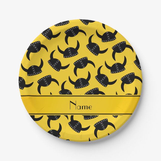 Personalized name yellow viking hat pattern paper plate (Front)
