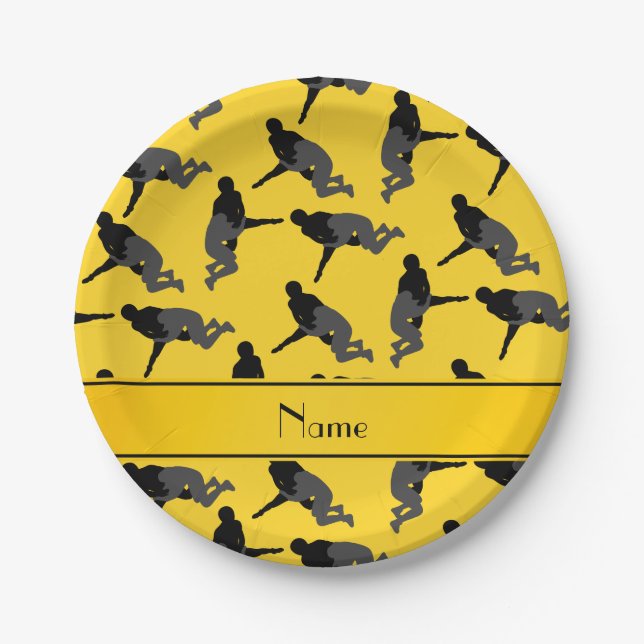 Personalized name yellow wrestling paper plate (Front)