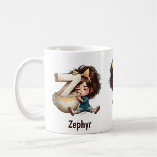 Personalized Name & Z Sleepy Morning Plaid Charact Coffee Mug