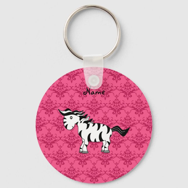 Personalized name zebra pink damask keychain (Front)