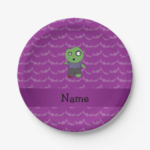 Personalized name zombie purple bats pattern paper plate