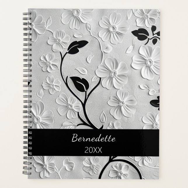 Personalized Named Abstract Black & White Florals Planner (Front)