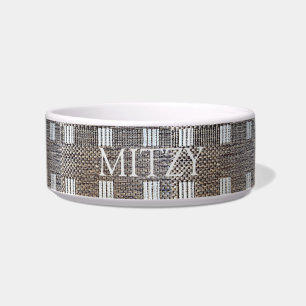 Personalized Named Grey & Off-White Squares Pet Bowl