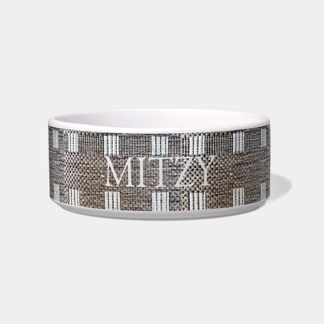Personalized Named Grey & Off-White Squares Pet Bowl (Front)