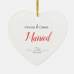 Personalized Names and Date Married Hearts Ceramic Ornament
