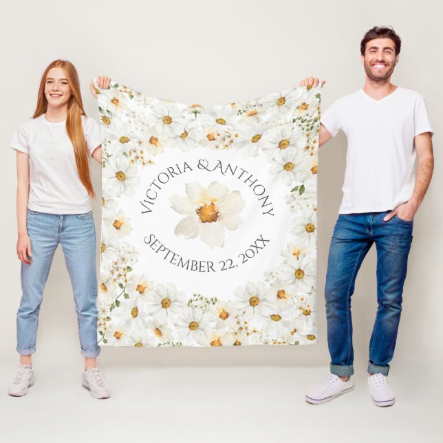 Personalized Names Date Daisy Floral Wedding Fleece Blanket (In Situ)