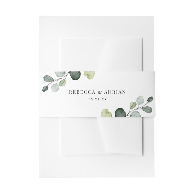 Personalized Names Eucalyptus Greenery Wedding Invitation Belly Band (Front Example)