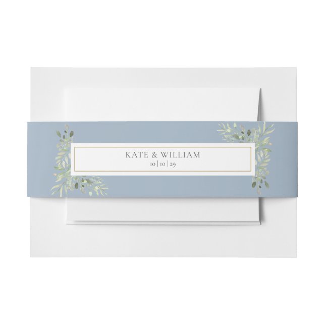 Personalized Names Greenery Dusty Blue Wedding Invitation Belly Band (Front Example)