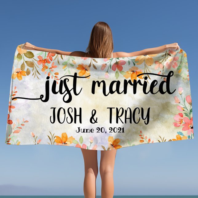 Personalized Names Just Married  Beach Towel (Watercolor Floral Personalized Names Just Married Beach Towel)